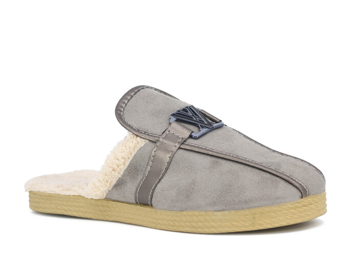 Ada Zenne V Toka Yakası Peluşlu Ev Terliği Gri - 1