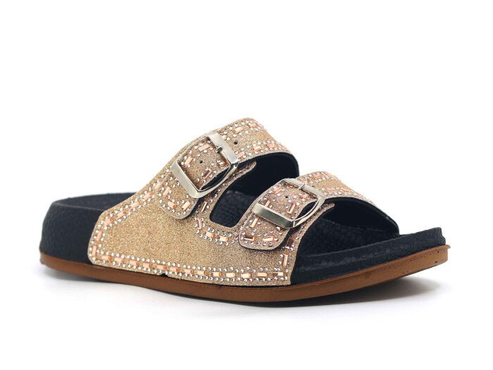 Akım Zenne 490-1 Klass Çift Toka Taşlı Kutulu Günlük Terlik Altın - Akım