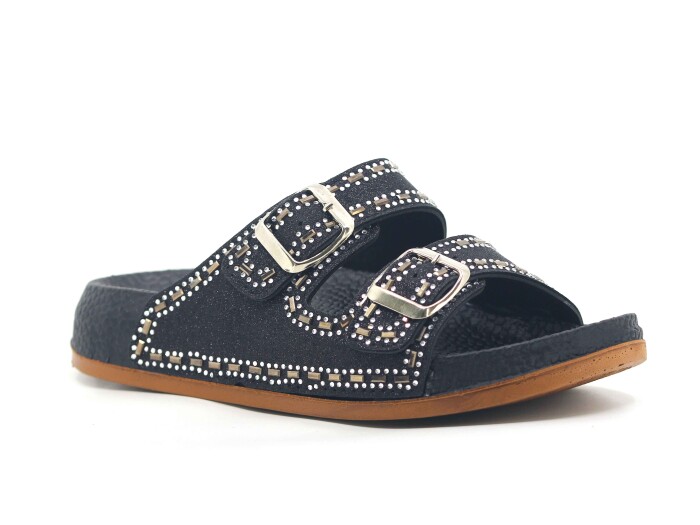 Akım Zenne 490-1 Klass Çift Toka Taşlı Kutulu Günlük Terlik Siyah - Akım