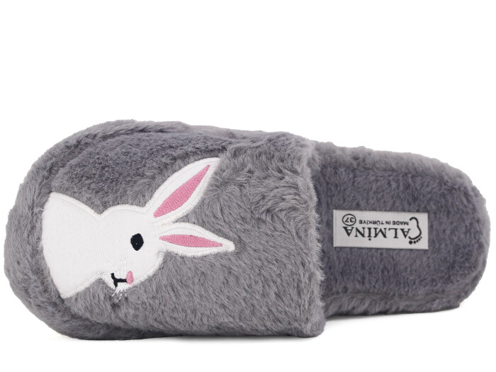 Almina Zenne 2024 Nakışlı Burnu Kapalı Atom Ev Terliği Tavşanlı Gri - Almina (1)