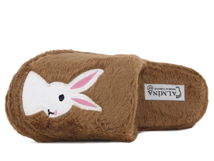 Almina Zenne 2024 Nakışlı Burnu Kapalı Atom Ev Terliği Tavşanlı Kahve - Almina (1)