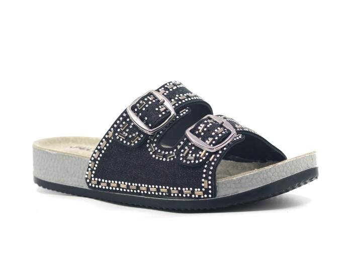 Apella Zenne 468-19 Koza Uzun Çift Toka Taşlı Kutulu Günlük Terlik Siyah - Apella