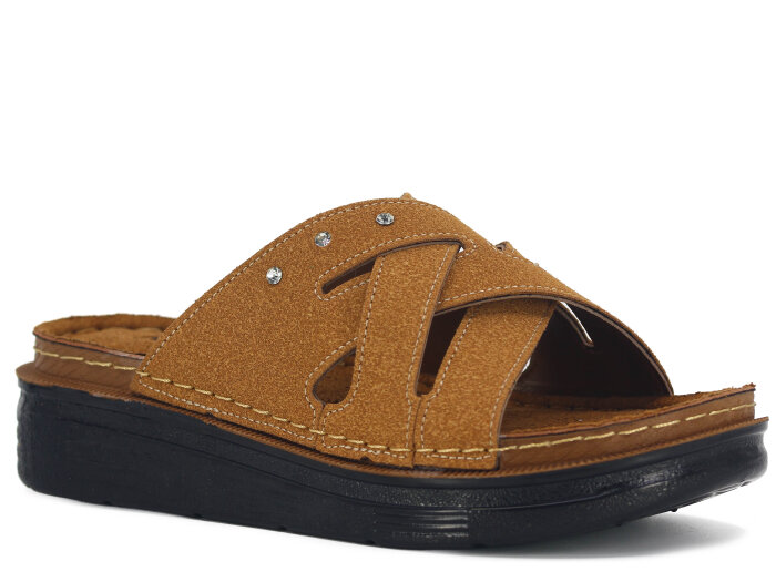 Apella Zenne 480-22 Elit Üç Taşlı Kutulu Günlük Terlik Camel - Apella