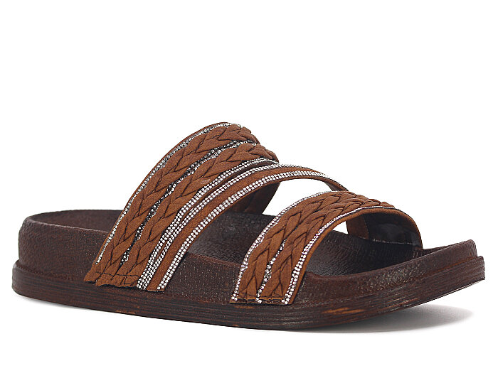 Apella Zenne 487-1 İnci Bantlı Taşlı Günlük Terlik Kahve - Apella