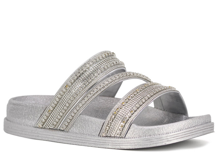 Apella Zenne 487-2 İnci Bantlı Taşlı Günlük Terlik Gümüş - Apella