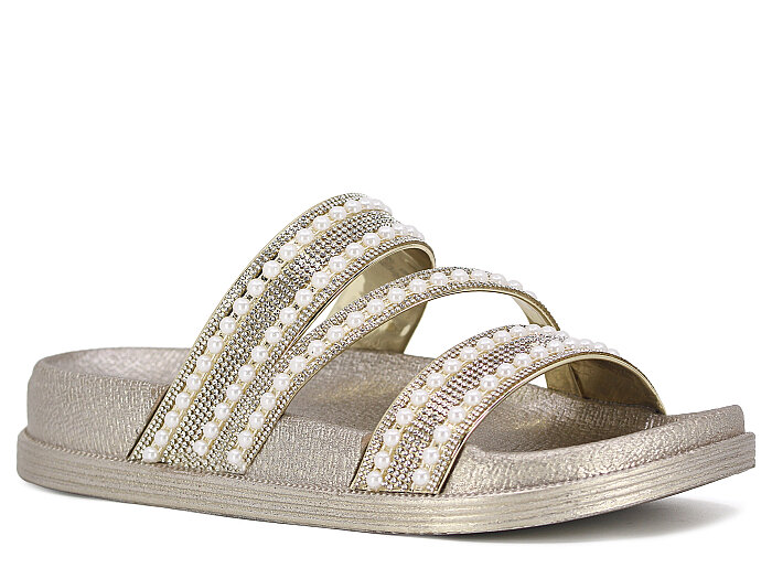 Apella Zenne 487-3 İnci Bantlı Taşlı Günlük Terlik Altın - Apella