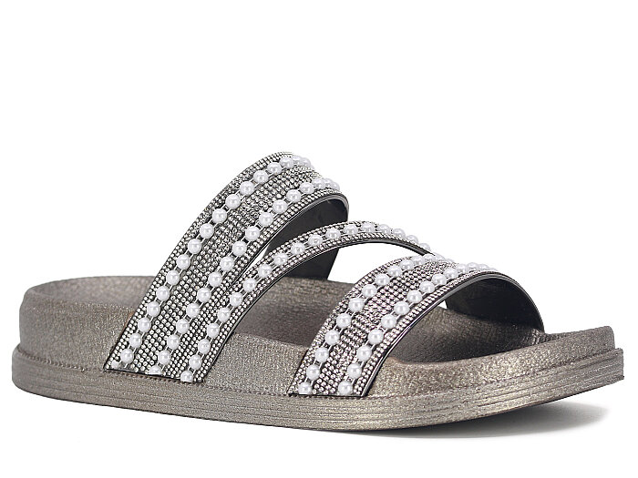 Apella Zenne 487-3 İnci Bantlı Taşlı Günlük Terlik Füme - Apella