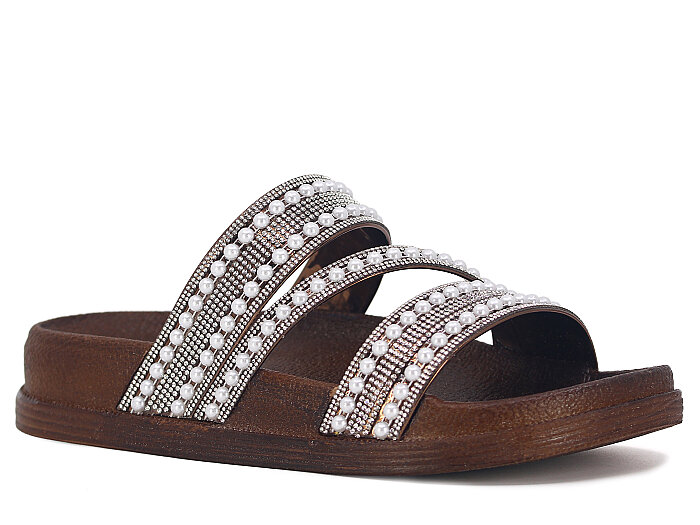 Apella Zenne 487-3 İnci Bantlı Taşlı Günlük Terlik Kahve - 1