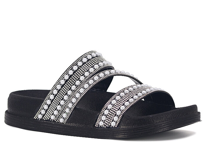 Apella Zenne 487-3 İnci Bantlı Taşlı Günlük Terlik Siyah - Apella