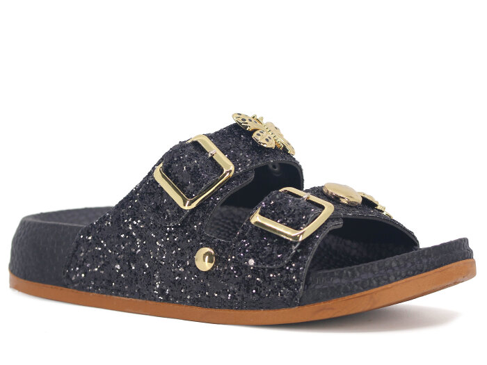 Apella Zenne 490-4 Class Çift Toka Simli Kutulu Günlük Terlik Siyah - Apella