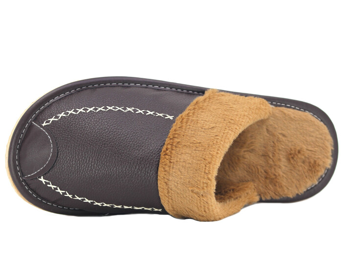 Auris Merdane Kürklü Deri Ev Terliği Kahve - Auris (1)