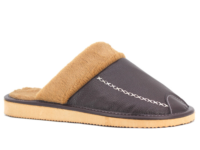 Auris Merdane Kürklü Deri Ev Terliği Kahve - Auris