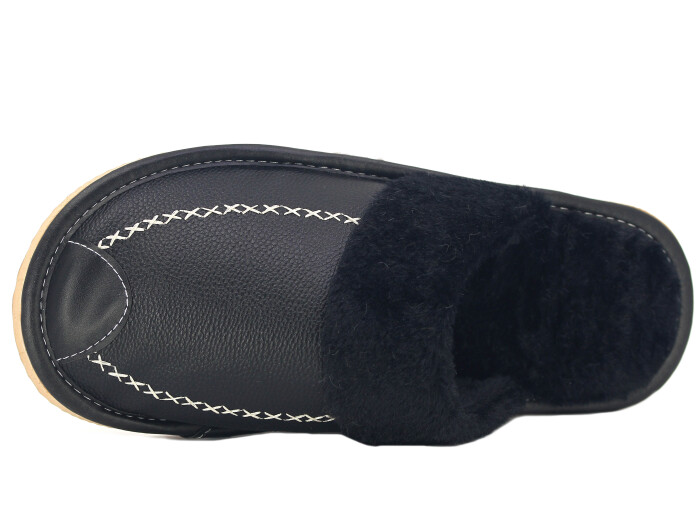 Auris Merdane Kürklü Deri Ev Terliği Siyah - 2