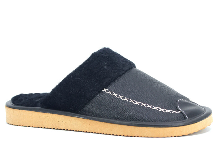 Auris Merdane Kürklü Deri Ev Terliği Siyah - Auris