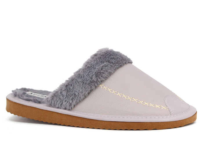 Auris Merdane Kürklü Deri Ev Terliği Gri - 1