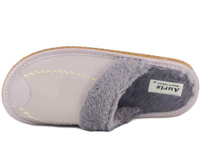 Auris Merdane Kürklü Deri Ev Terliği Gri - Auris (1)