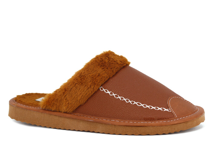 Auris Merdane Kürklü Deri Ev Terliği Taba - Auris