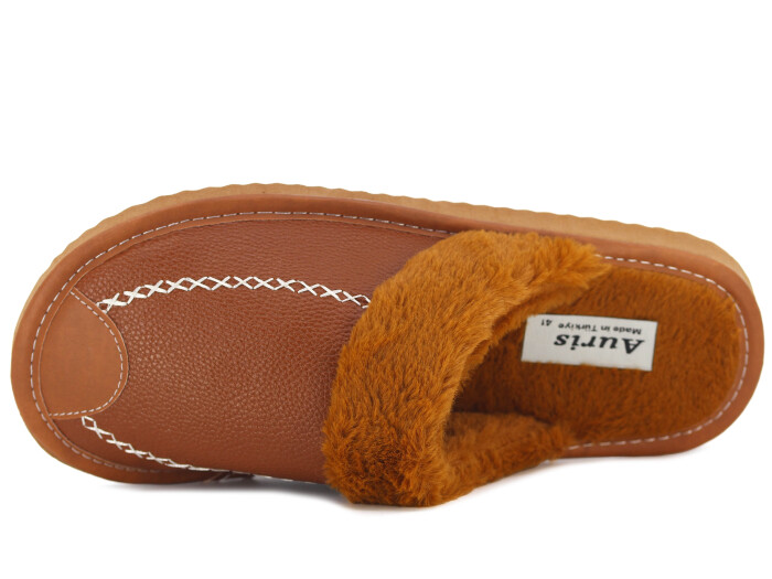 Auris Merdane Kürklü Deri Ev Terliği Taba - Auris (1)