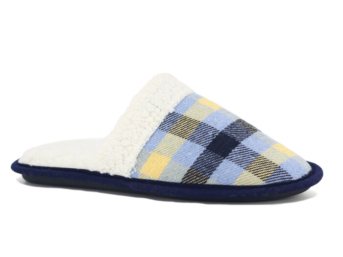 Auris Zenne Kürk Ev Terliği Ekose Lacivert - Auris