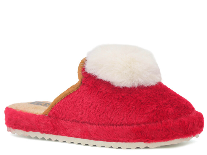 Auris Zenne PW Ponpon Peluş Ev Terliği Kırmızı - Beyaz - 1