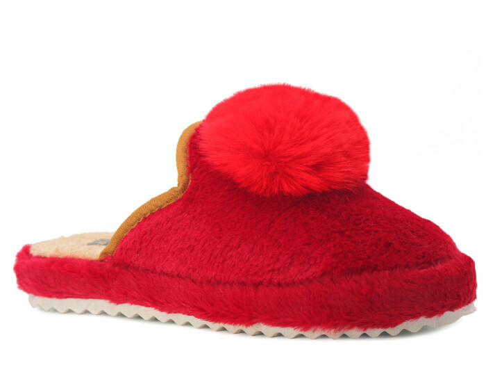 Auris Zenne PW Ponpon Peluş Ev Terliği Kırmızı - Kırmızı - Auris