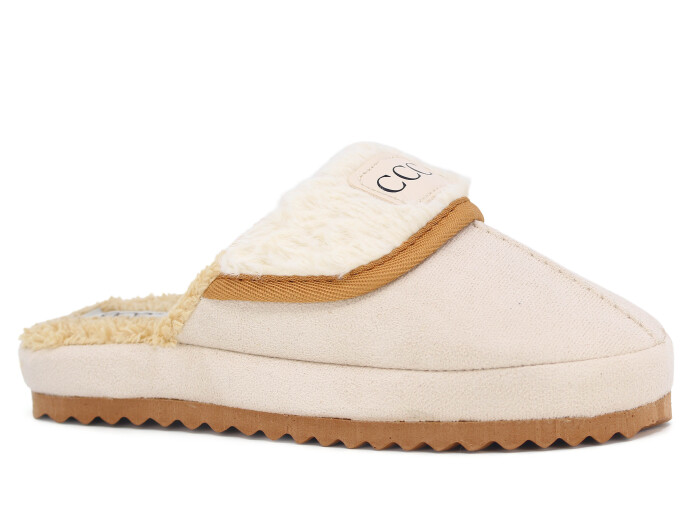 Azra Zenne Yakalı Peluşlu Ev Terliği Bej - Azra