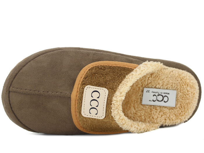 Azra Zenne Yakalı Peluşlu Ev Terliği Kahve - Azra (1)