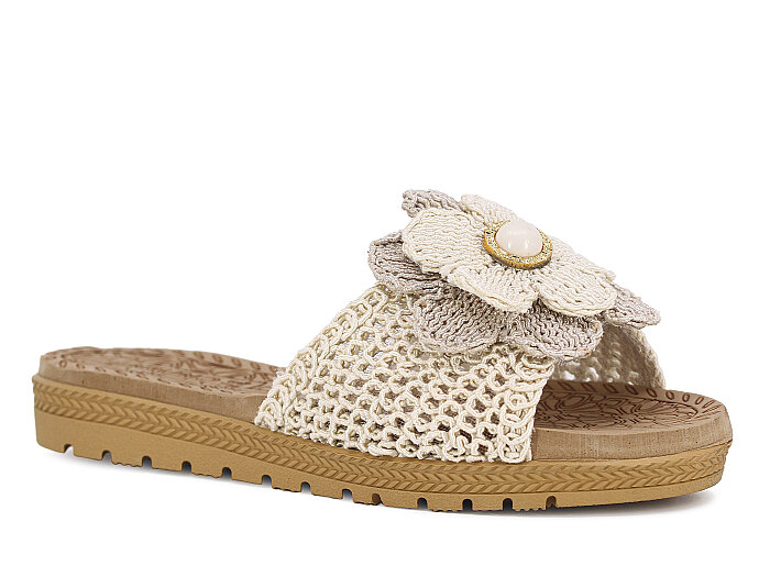 Bruno Zenne 2026 Çiçek Dantelli İncili Burnu Açık Günlük Terlik Bej - 1