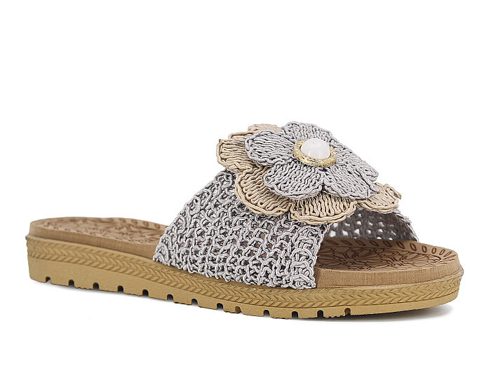 Bruno Zenne 2026 Çiçek Dantelli İncili Burnu Açık Günlük Terlik Gri - 1