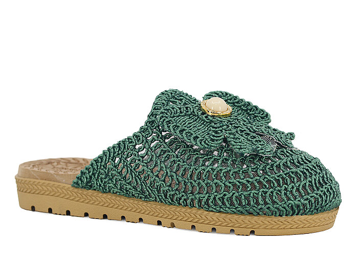 Bruno Zenne 2026 Kurdele Dantelli İncili Burnu Kapalı Günlük Terlik Yeşil - 1