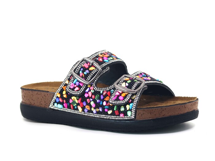 Daye Zenne B-4504 Karsu Taşlı Çift Toka Monta Soft Kutulu Günlük Terlik Siyah - Daye