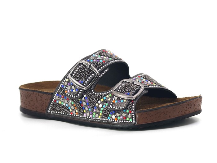 Daye Zenne B-4311 Asi Taşlı Çift Toka Monta Soft Kutulu Günlük Terlik Platin - Daye