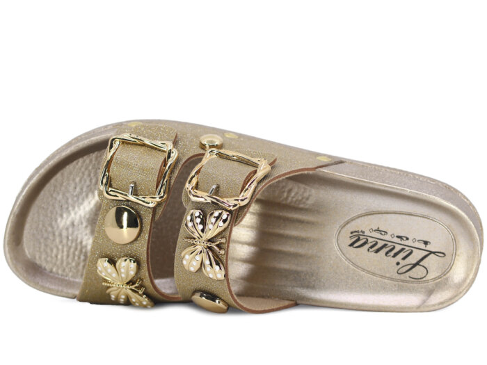 Demir Zenne Linna L-250 Çift Toka Taşlı Günlük Terlik Altın - 2