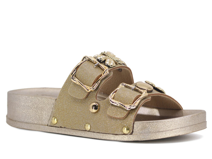 Demir Zenne Linna L-250 Çift Toka Taşlı Günlük Terlik Altın - Demir