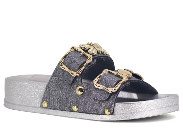 Demir Zenne Linna L-250 Çift Toka Taşlı Günlük Terlik Gümüş - 1