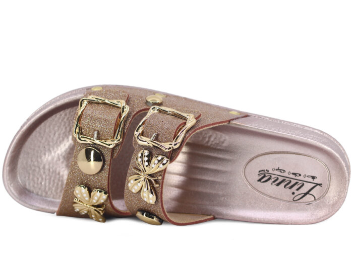 Demir Zenne Linna L-250 Çift Toka Taşlı Günlük Terlik Pudra - 2