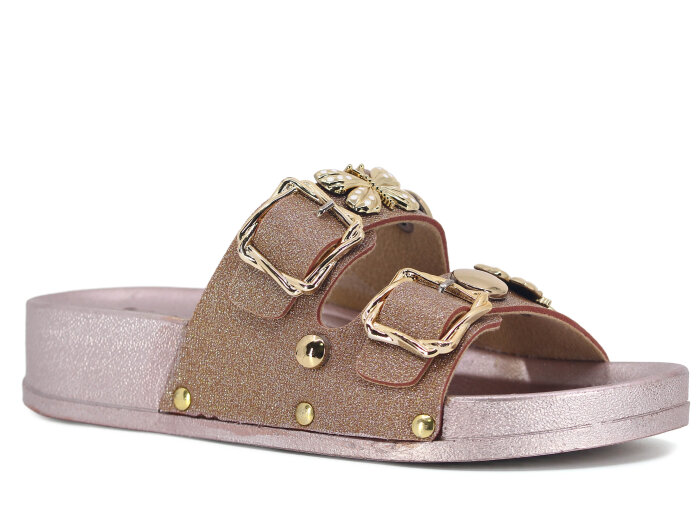 Demir Zenne Linna L-250 Çift Toka Taşlı Günlük Terlik Pudra - Demir