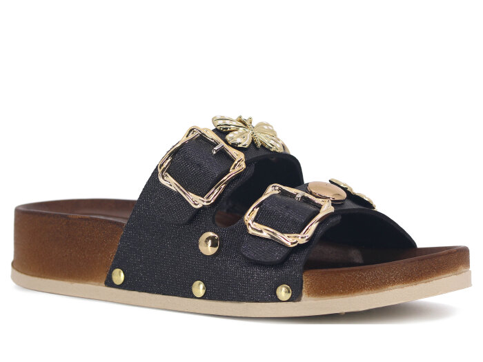 Demir Zenne Linna L-250 Çift Toka Taşlı Günlük Terlik Siyah 