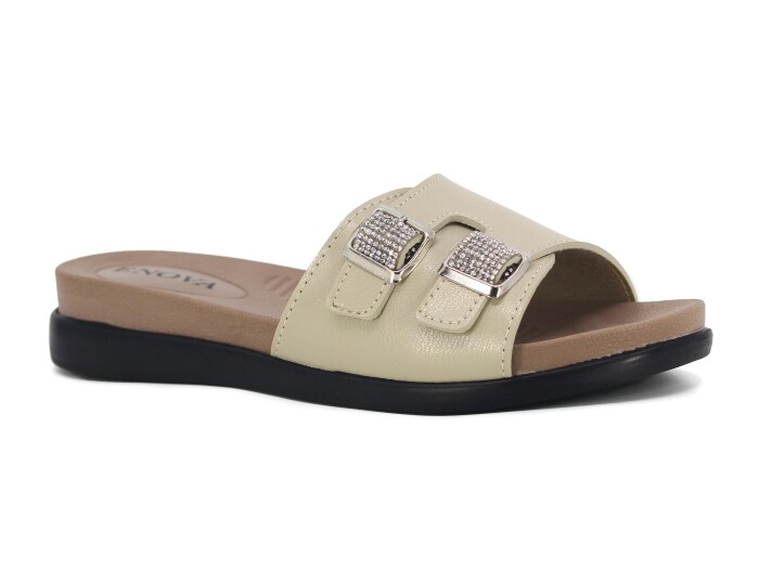 Enova Zenne Z162-0118 Çift Toka Taşlı Kutulu Günlük Terlik Krem - Enova