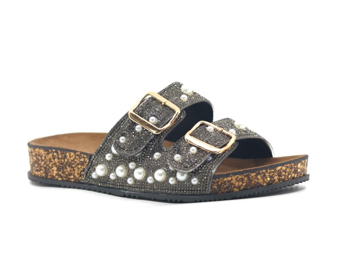 Enova Zenne Z183-0109 Çift Toka Taşlı Günlük Terlik Füme - Enova