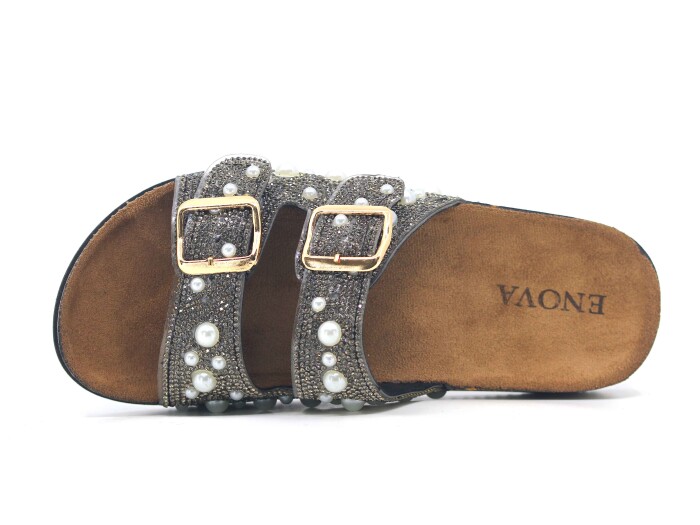 Enova Zenne Z183-0109 Çift Toka Taşlı Günlük Terlik Füme - Enova (1)