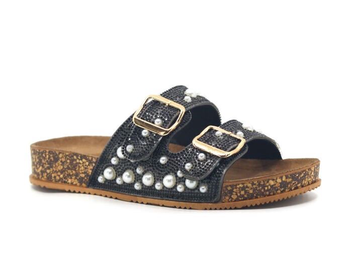 Enova Zenne Z183-0109 Çift Toka Taşlı Günlük Terlik Siyah - Enova