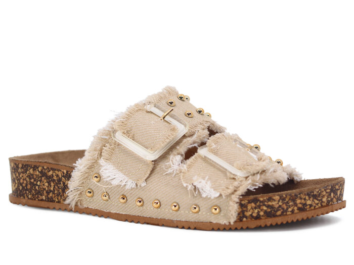 Enova Zenne Z183-0115 Çift Toka Taşlı Günlük Terlik Bej - Enova