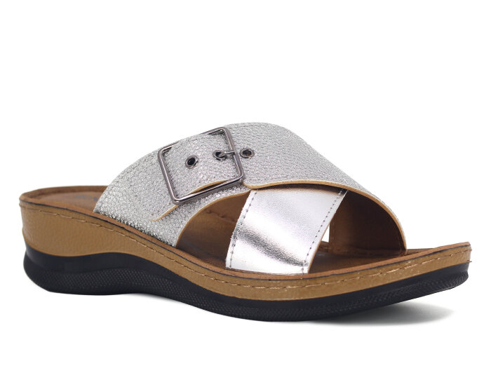 Enova Zenne Z77-0101 Çapraz Tokalı Günlük Terlik Gümüş - Enova