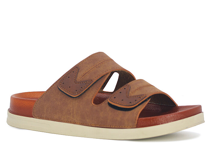 Foxter Merdane M-26005 Cırtlı Çift Bantlı Kutulu Günlük Terlik Taba - Foxter