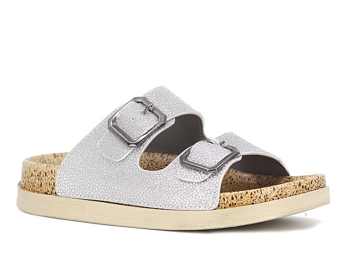 Foxter Zenne Z-24005 Çift Toka Simli Kutulu Günlük Terlik Gümüş - Foxter