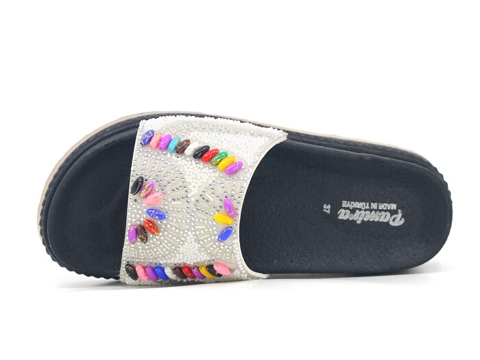 Foxter Zenne Z-9001 Köpük Taban Taşlı Kutulu Günlük Terlik Beyaz - Renkli Taş - Foxter (1)