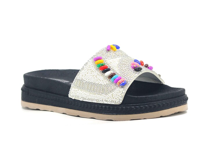 Foxter Zenne Z-9001 Köpük Taban Taşlı Kutulu Günlük Terlik Beyaz - Renkli Taş 