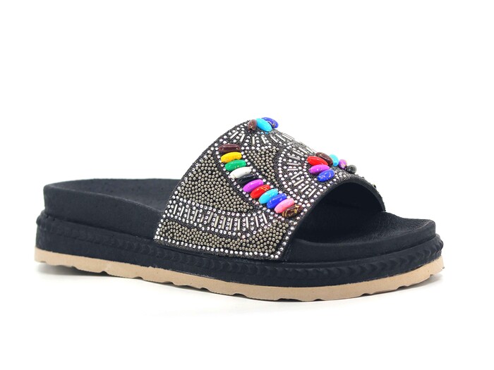 Foxter Zenne Z-9001 Köpük Taban Taşlı Kutulu Günlük Terlik Siyah - Renkli Taşlı - Foxter