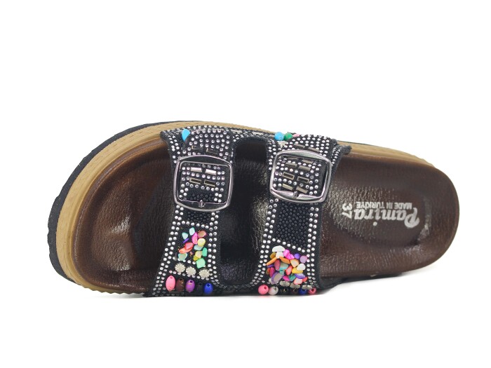 Foxter Zenne Z-9002 Boyalı Taban Renkli Taşlı Çift Toka Kutulu Günlük Terlik Siyah - Renkli Taşlı - Foxter (1)